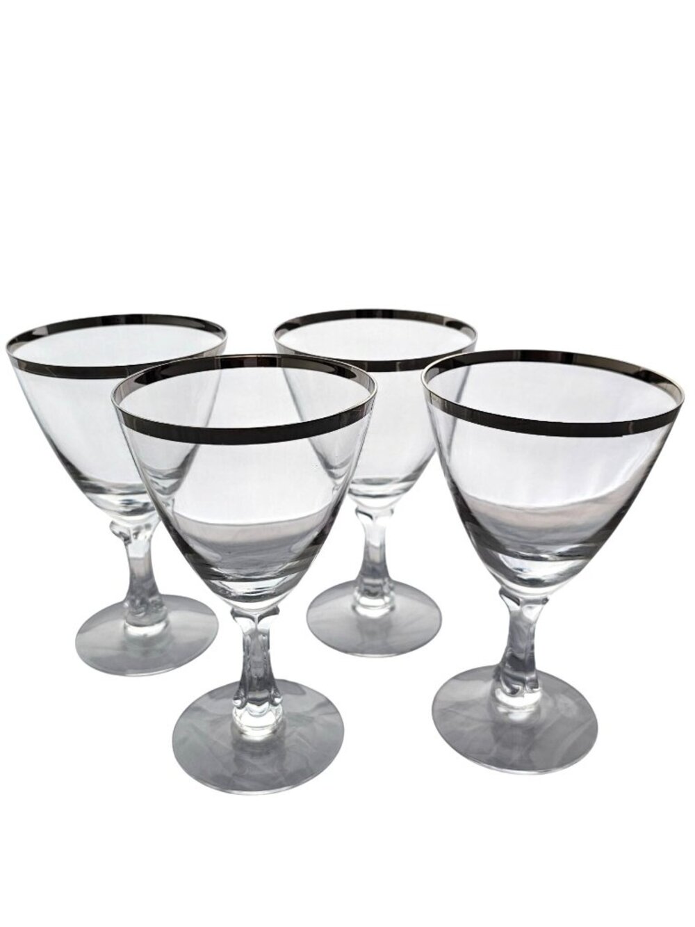 4 Fostoria Wedding Ring Water Glasses 6" vtg banded silver trim wine stem toasti